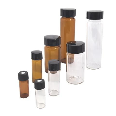 Amber and clear glass vials with screw tops