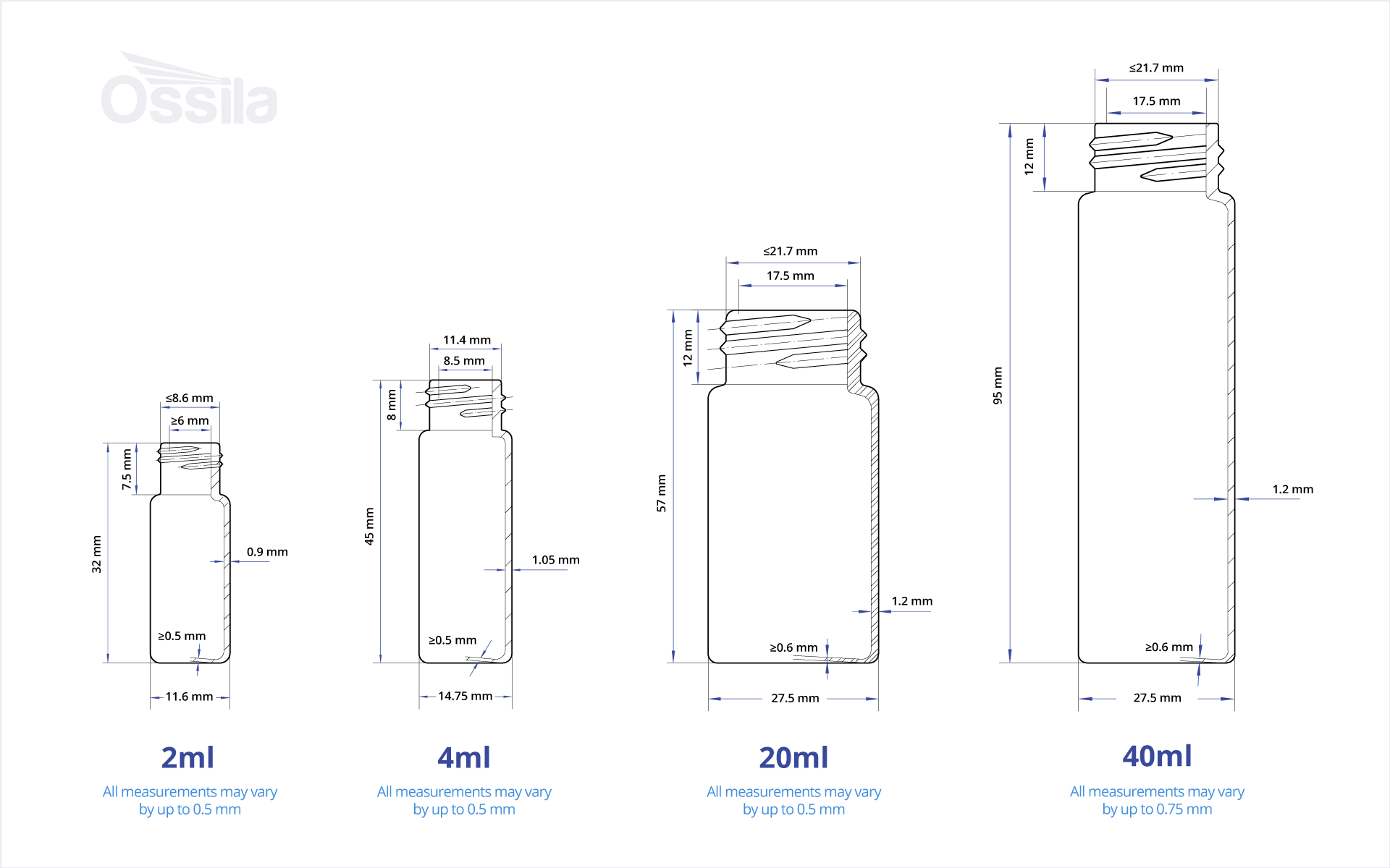 Ossila glass vial product dimensions