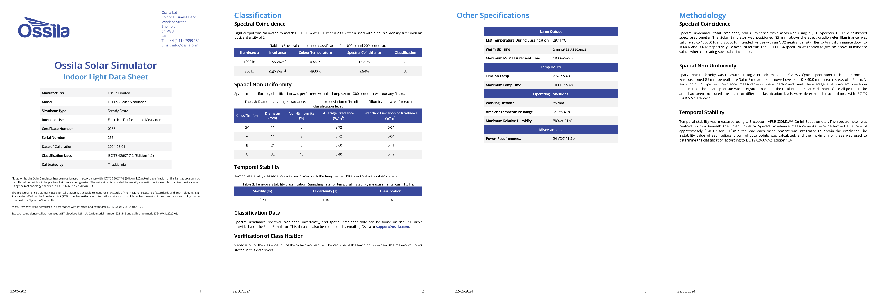 Ossila Solar Simulator Indoor Light Data Sheet Example