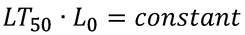 Lifetime test equation - relationship between initial luminance and lifetime obtained after 50% decay