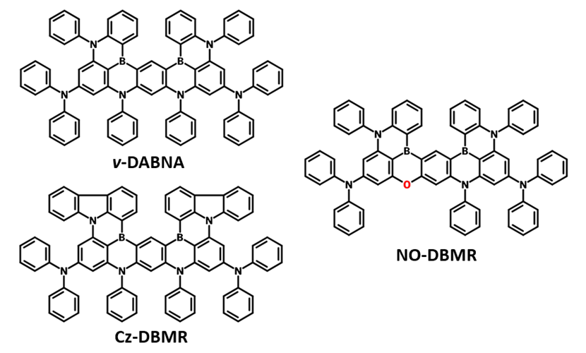 Chemical structures of ν-DABNA and its derivatives of Cz-DBMR and NO-DBMR