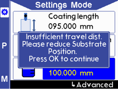 Warning message stating insufficient travel distance - reduce substrate position