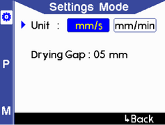 Advanced settings screen showing units and drying gap