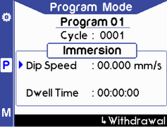 Program mode screen showig dip speed and dwell time