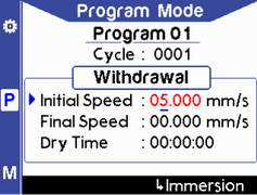 Program mode (withdrawal) - initial speed in mm/s