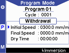 Program mode (withdrawal) - initial speed in mm/min