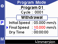 Program mode (withdrawal) - final speed in mm/s