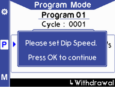 Warning message stating 'set dip speed'