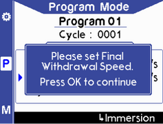 Warning message stating 'set final withdrawal speed'