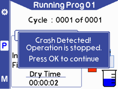 Warning message stating 'crash detected - operation is stopped'