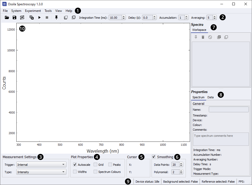 Optical Spectrometer software main window