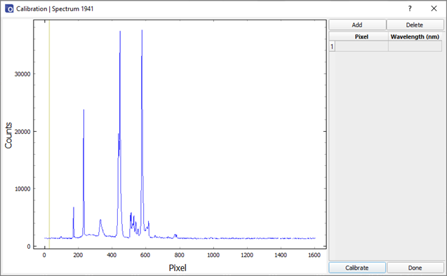 Calibration window with spectrum of 3 peaks - graph in blue