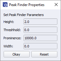 Peak finder parameter settings - height, threshold, prominence, width