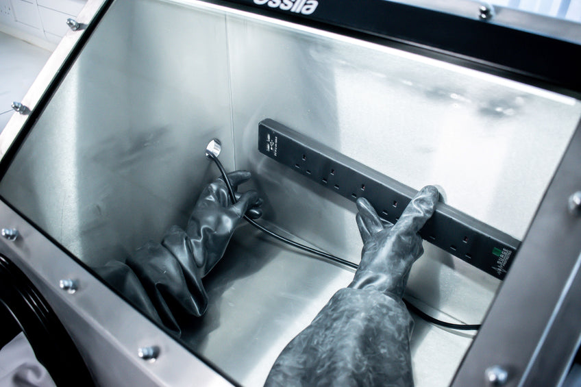 Power supply positioned inside the Ossila Laboratory Glove Box