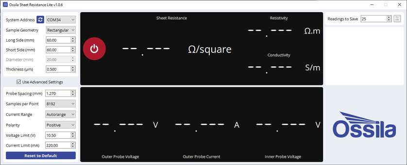 Ossila Sheet Resistance Lite advanced settings options