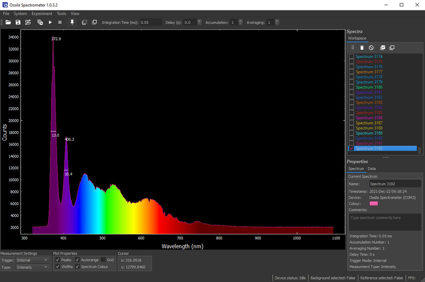 Spectrometer software in dark mode