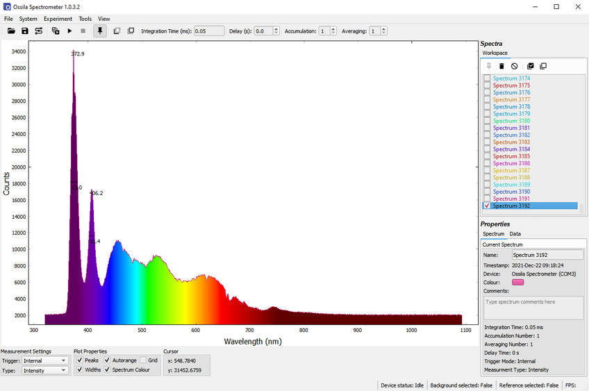 Spectrometer software showing white light source spectrum
